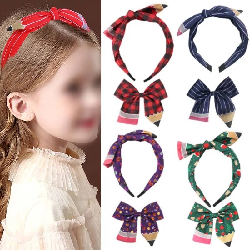 Oaoleer 2Pcs/set Christmas  Plaid Pencils Hair Bow Clip Headbands For Women Girl Cute Hairband Kids Hair Hoop Winter Accessories