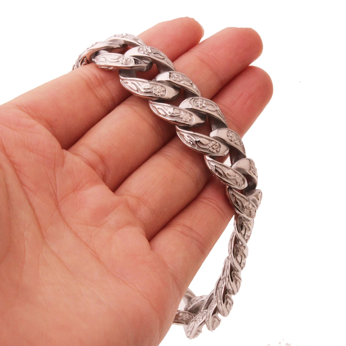 Fashion Mens Boy\'s Bangles 15mm Solid Silver color 316L Stainless Steel Cast Flower Design Cuban Link Chain Bracelets 9\