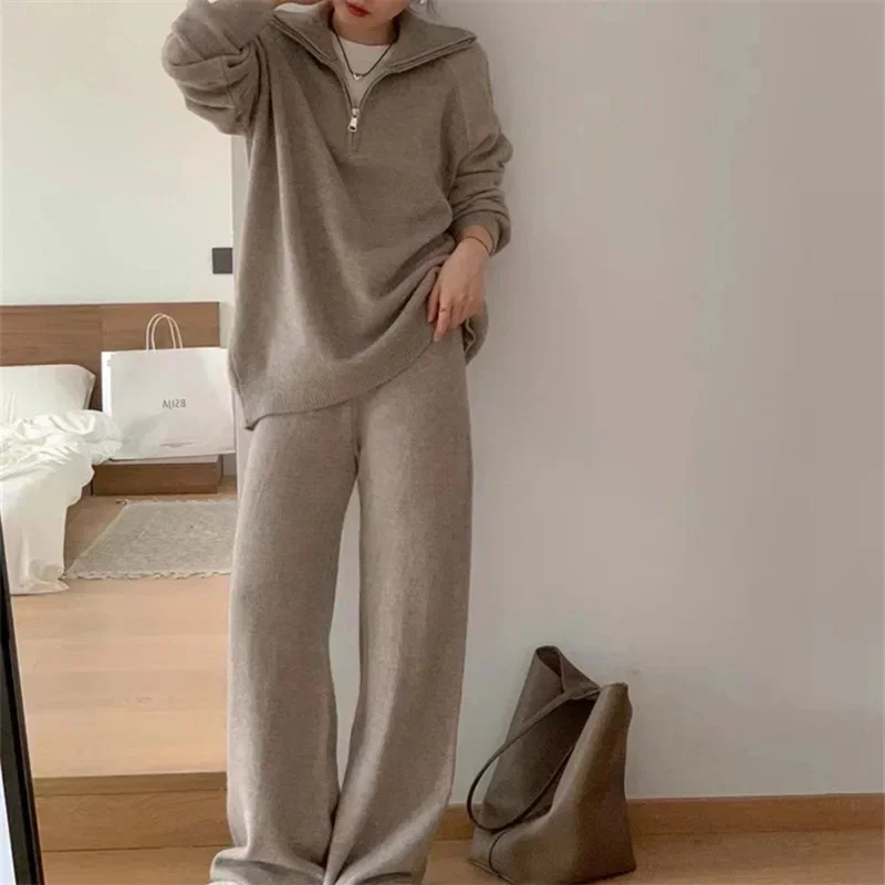 Half Zipper European and American Casual Two-piece Set for Women\'s Autumn and Winternew Style Wide Leg Pants Knitted Sweater Set