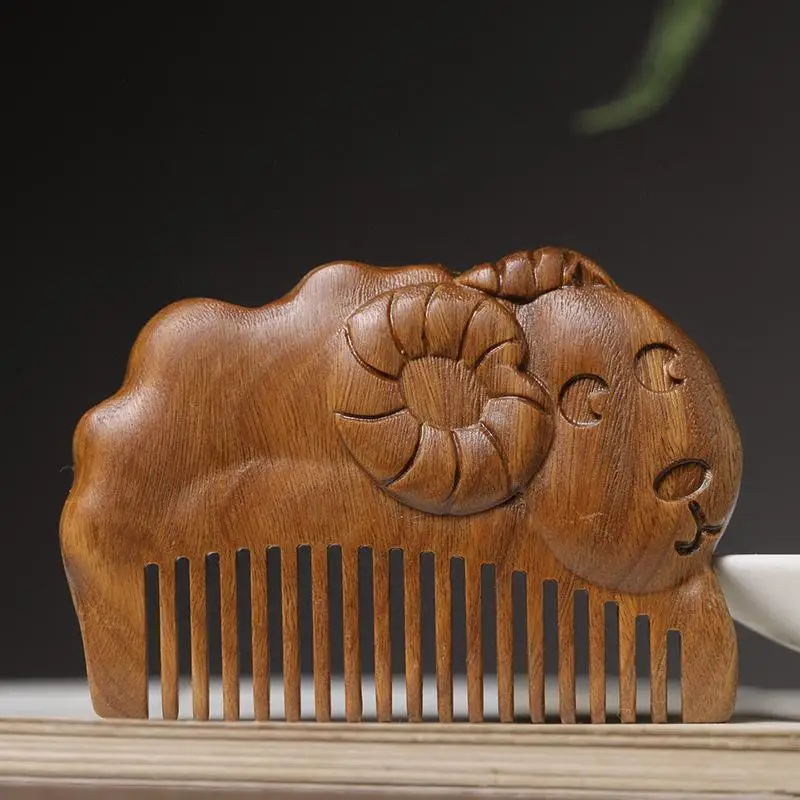 Natural Sandalwood Hair Comb Mini Baby Zodiac Sheep Wooden Detangle Comb Anti Static Scalp Massager