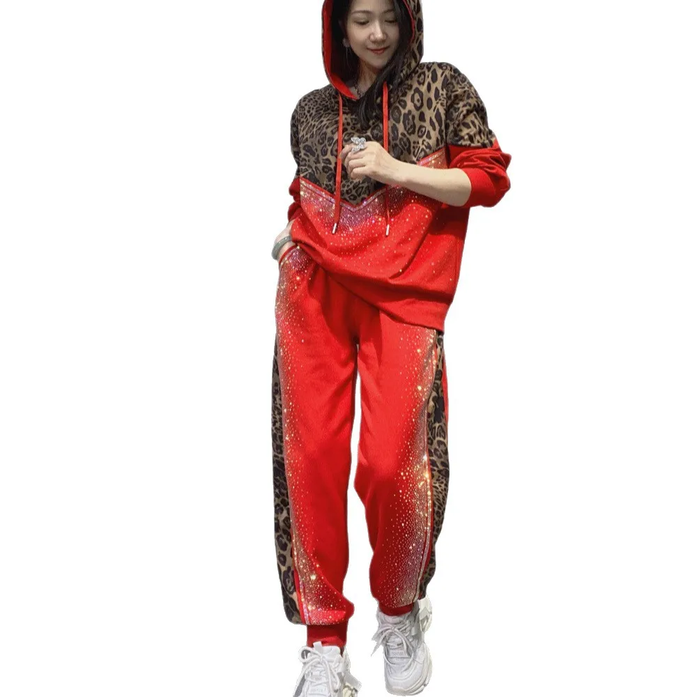 

Модные новые осенние женские комплекты с капюшоном, цветные блоки, леопардовые бриллианты, пуловер с капюшоном, топ + повседневные шаровары с эластичной резинкой на талии