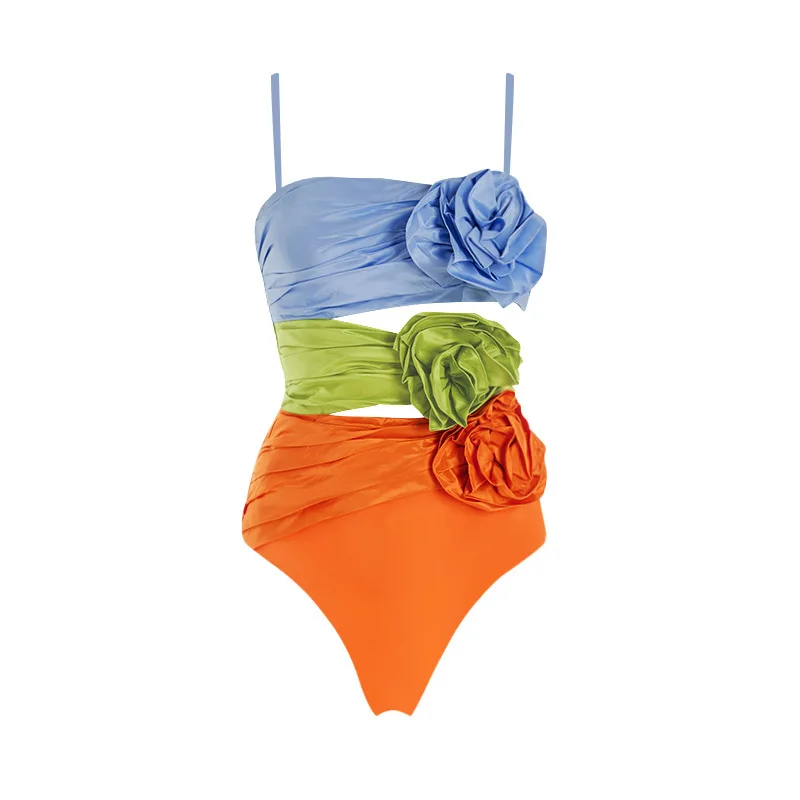 One-piece ผู้หญิงชุดว่ายน้ําชุดว่ายน้ํา Spliced-สี 3D ดอกไม้ Embellished SHEER Off-ไหล่ชุดว่ายน้ําชายหาดชุดสไตล์