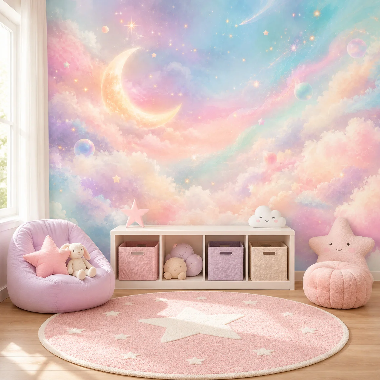 Rainbow cloud moon wallpaper mural, children's sofa bedroom daycare wall decoration starry sky, non self-adhesive