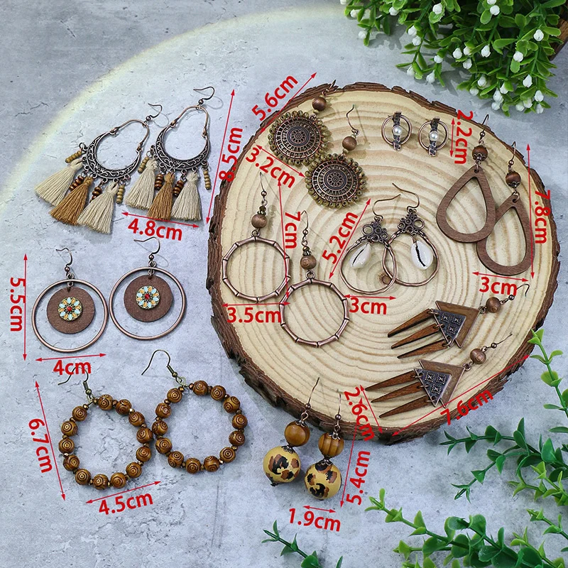 Ethnic Bohemian Vintage Wooden Beaded Dangle Earrings For Women Geometric Hoop Tassel Antique Gold Color Earrings Pendientes view 6