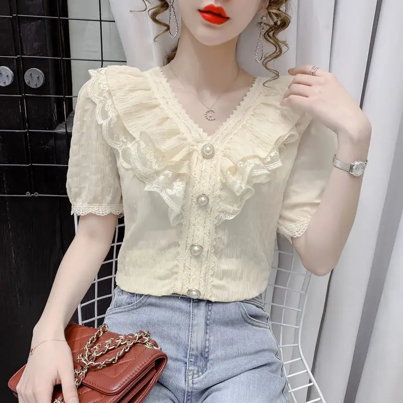 2024 Spring Autumn New Korean Edition Hollow Out Elegant Shirt for Women Long Sleeved V-neck Lace Ruffle Edge Chiffon Top