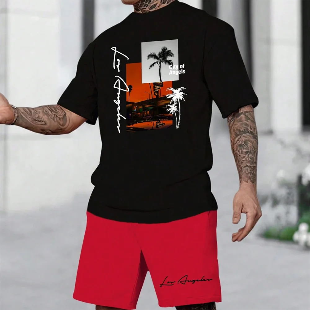 Hot Selling Holiday T Shirt Set Summer Seaside Vacation Two-piece Set Fashion Daily Wear Popular Sunset Beach Print T-shirt Suit