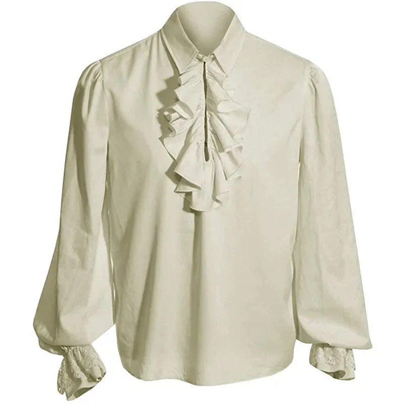 2025 New Vampire Renaissance Victorian Shirts for Men and Women, White Steampunk Ruffle Medieval Halloween Costume, Large Size