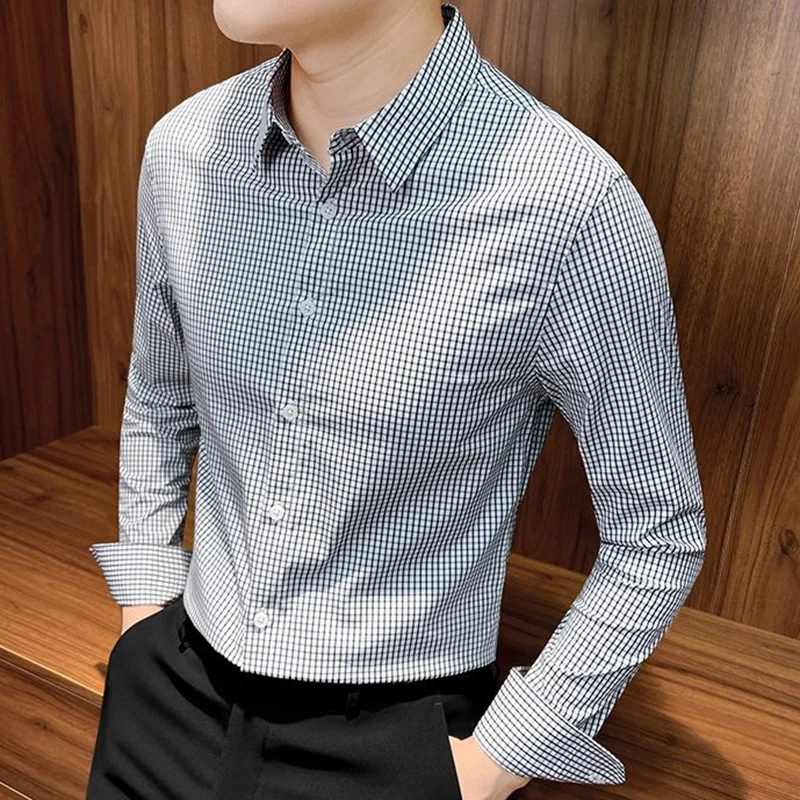 Fashion Lapel Button Business Lattice Shirts Men\'s Clothing 2023 Autumn New Oversized Casual Tops Loose Korean Shirt