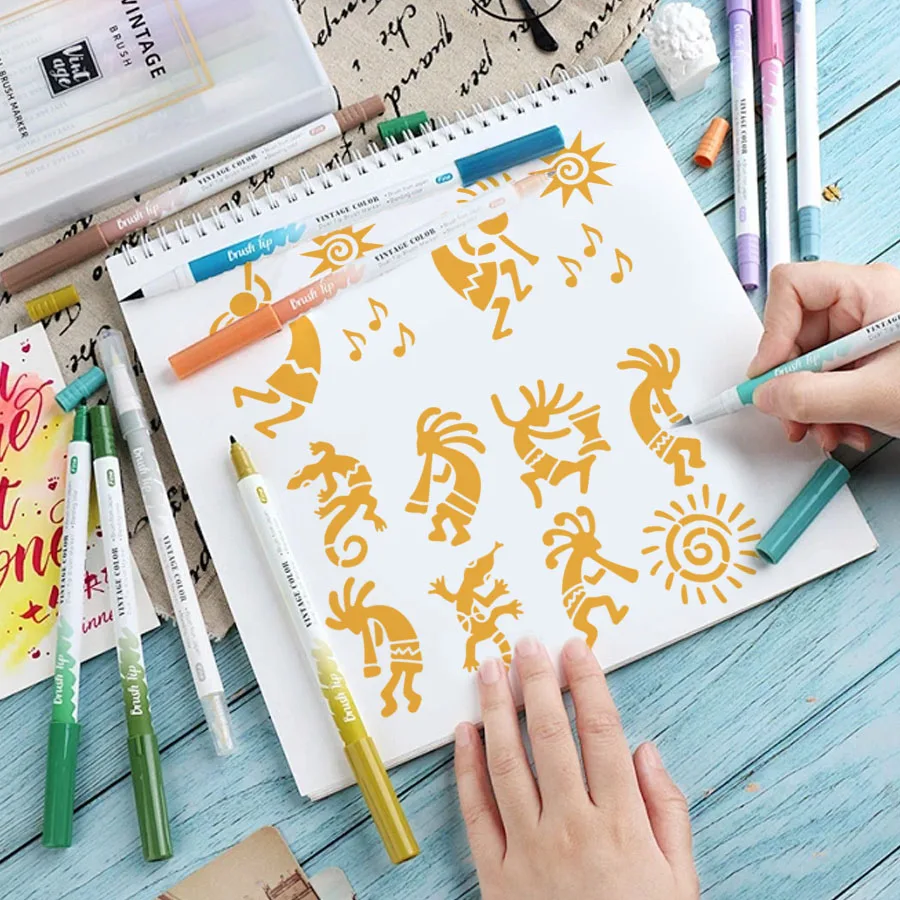 그림용 A4 및 6인치 Kokopelli 스텐실 1세트 - 벽 목재 셔츠 가방 DIY 장식용 부족 스타일 템플릿