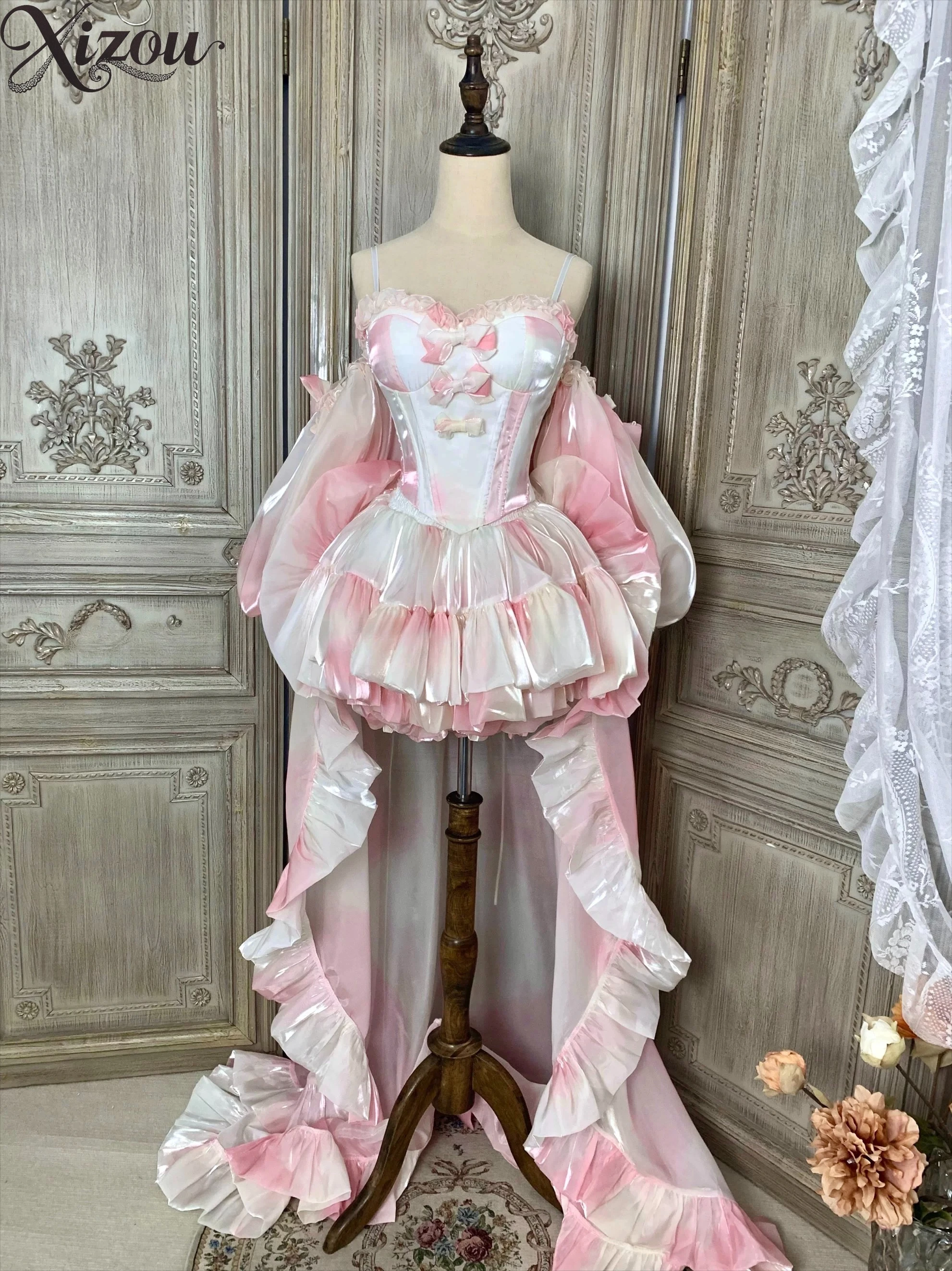 

2025 Women Girl Skirt Summer Spring Pink Princess Fairy Lolita Strapless Sleeveless Top Bow Trailing Puff Fishbone Detachable