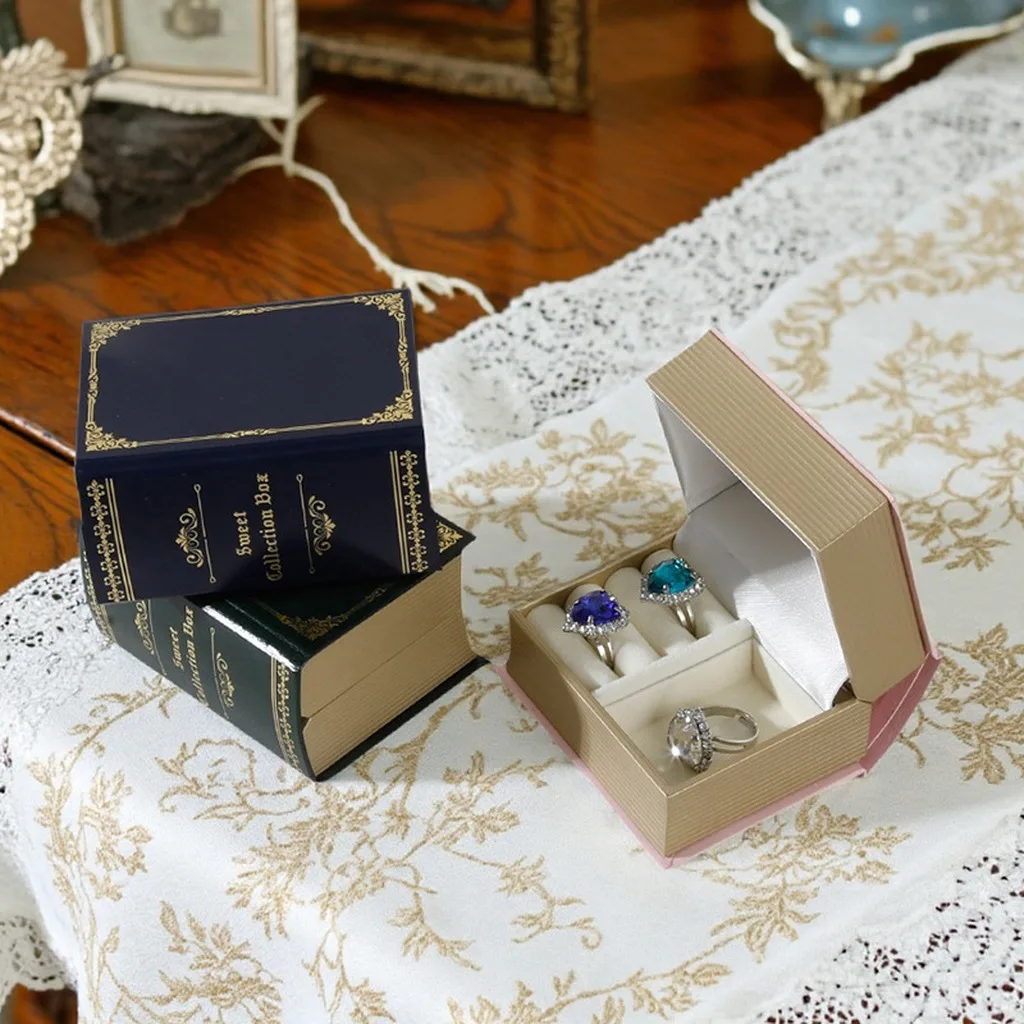 Vintage Luxury Book-Shaped Jewelry Box with Rings Slots Velvet Lining Gold Foil Detail Earrings Necklace Organizer Show Display