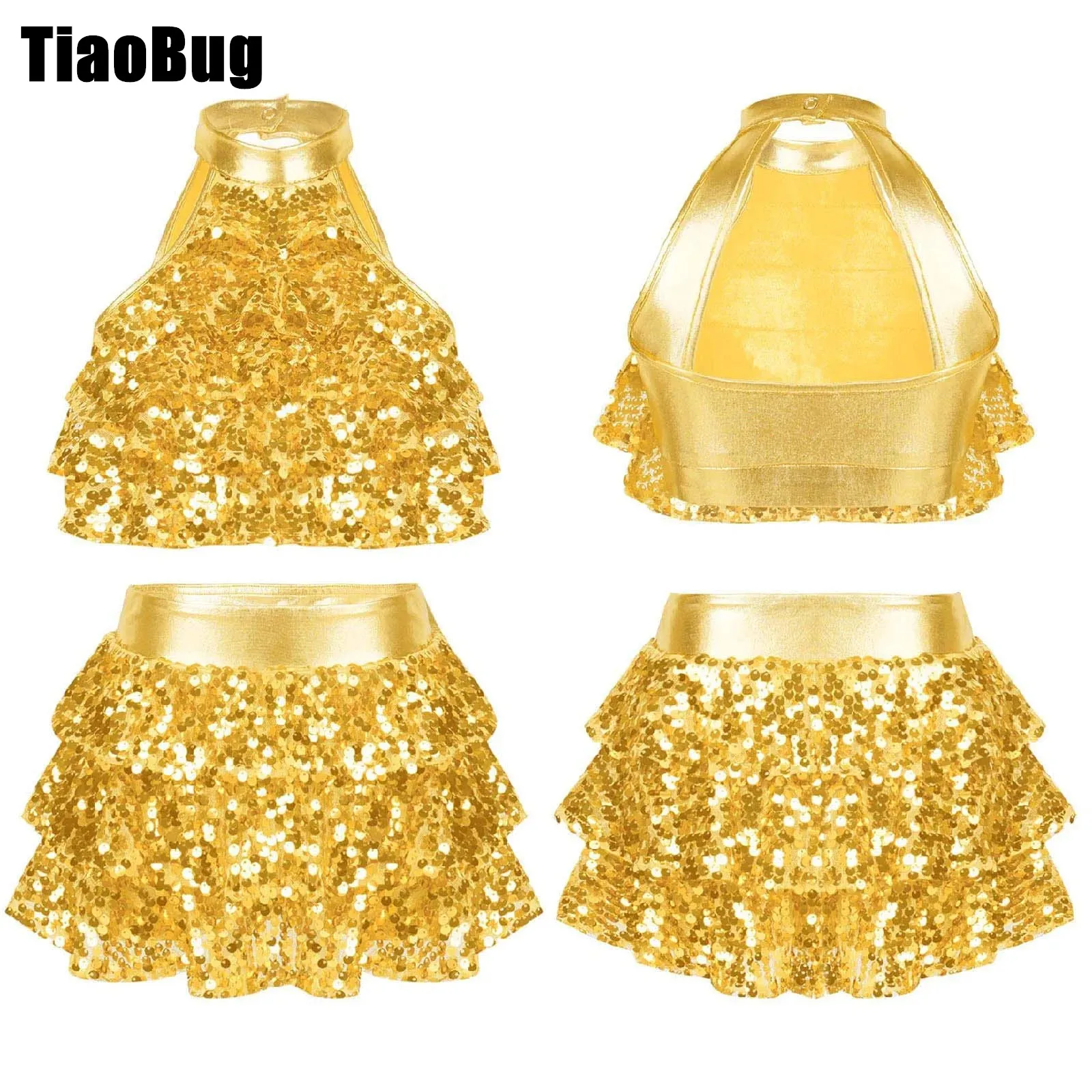 

Kids Girls Stylish Clothing Sleeveless Round Collar Backless Shiny Sequins Tiered Crop Top with Elastic Waistband Skirt