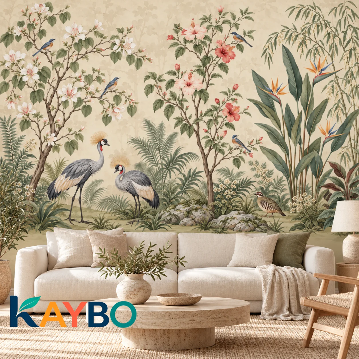Wallpaper Mural Non Self Adhesive Vintage Botanical Crane Bird Floral Wall Decor Beige Chinoiserie Scene for Living Room Bedroom