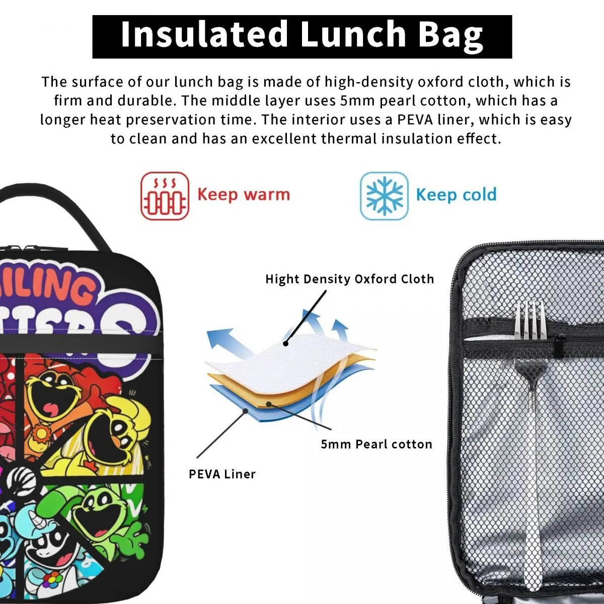 Lächelnde Lebewesen catnap isolierte Lunch-Tasche lustige Cartoon Katzenfutter Tasche tragbare thermische Kühler Lunchbox für Picknick