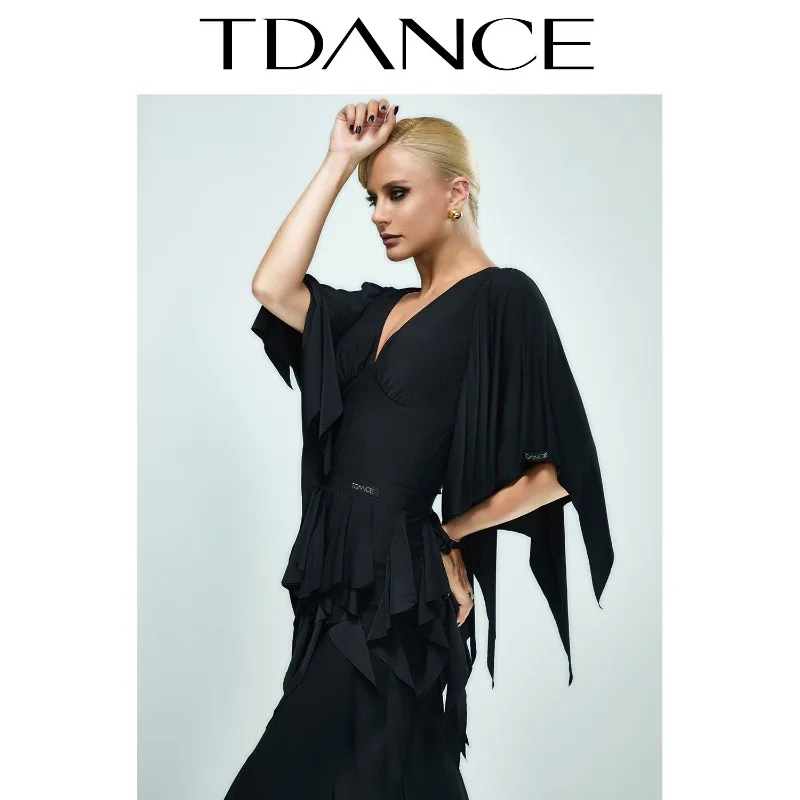 Abito da pratica moderno TDANCE personalizzato [mono con maniche volanti con scollo a V] Giunzione con cuscino sul petto per la classe femminile JM-155