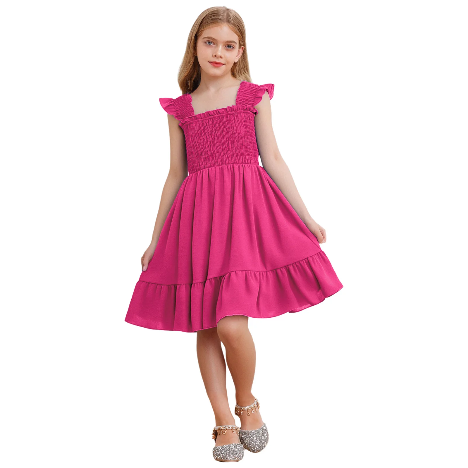 

Kids Girls Dress Square Neck Ruffle Sleeves Smocked Bodice A-Line Solid Color Dress for Casual Holiday Vacation Party Picnic