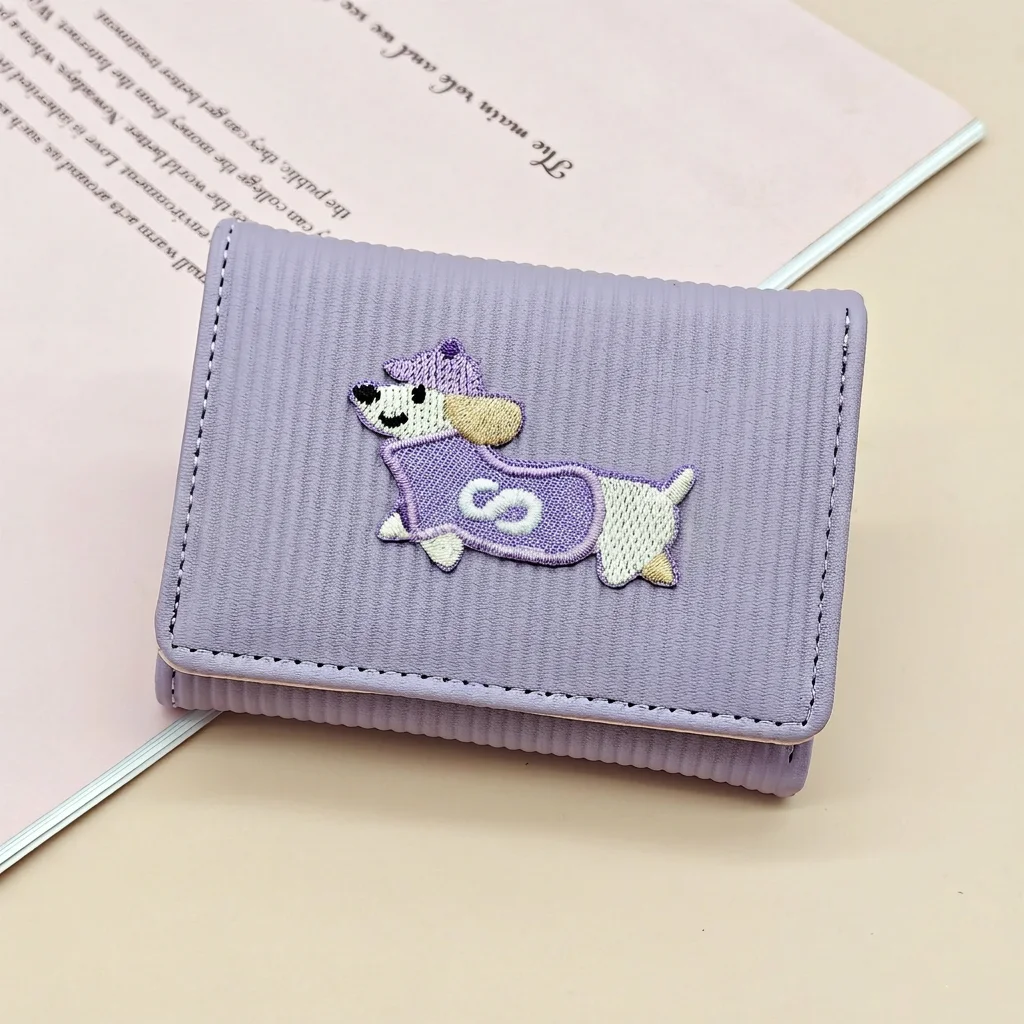 Trifold Wallet Women Short Wallet Cute Dog Embroidery Card Holder Kawaii Money Bag ID Window Female Clutch Money Bag
