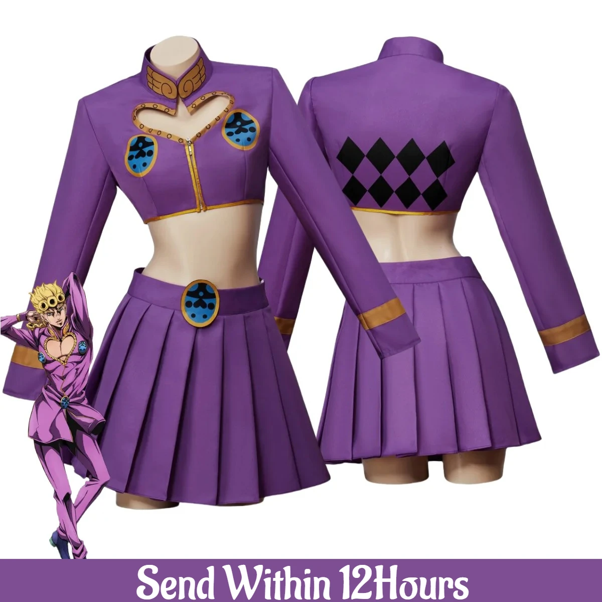 

Anime JOJO's Bizarre Adventure Golden Wind Giorno Giovanna Cosplay Costume Sexy Purple Skirts Crop Top and Mini Skirts Party Set