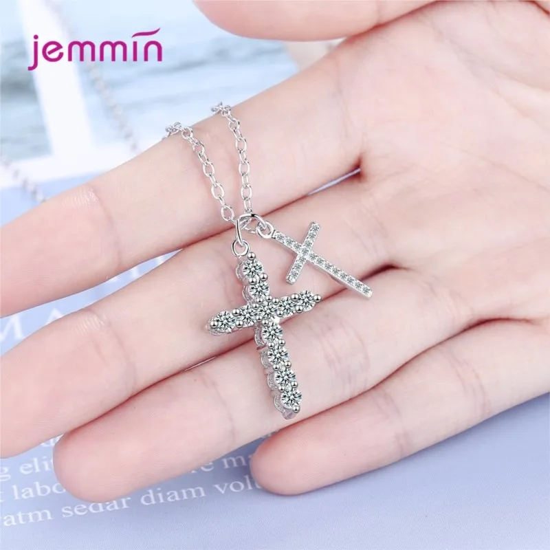Clear AAAA+ Zirconia Double Cross Pendant Necklace 925 Sterling Silver Choker Statement Necklace Women Silver 925 Jewelry Gift