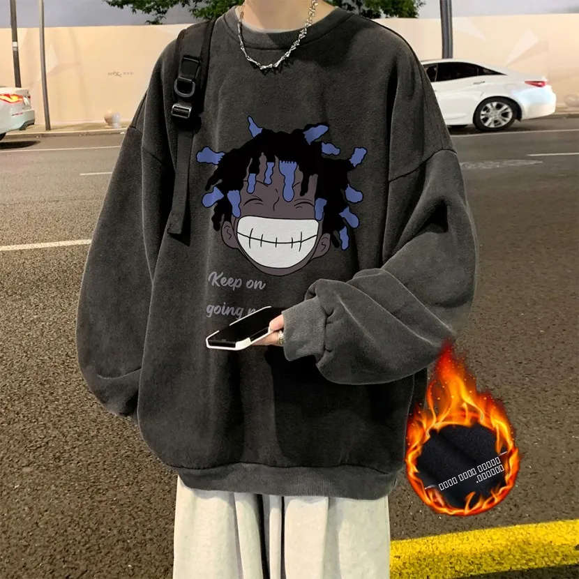 

Мужская толстовка Thiened Fce: Новинка Зима, Теплая, Морозостойкая, Американский Ретро-стиль, Молодежная Модная Одежда, Свободный крой, С принтом