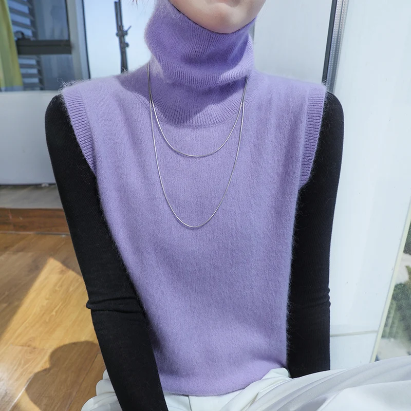 Chaleco de cachemira de visón de cuello alto para mujer, chaqueta de suéter sin mangas de punto para primavera y otoño, chaleco tipo jersey para mujer, superventas