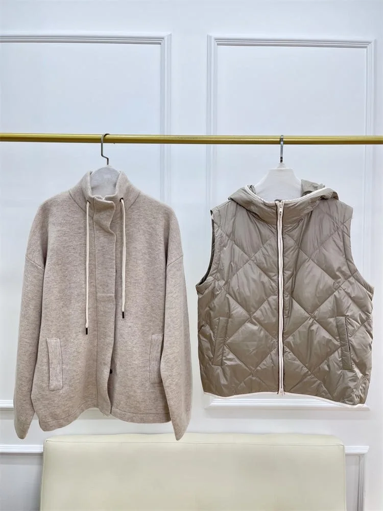 Autumn Winter Women Cashmere Long Sleeve Knitted Cardigan and Sleeveless Zipper Hooded Down Vest Warm Two Piece Set Jacket