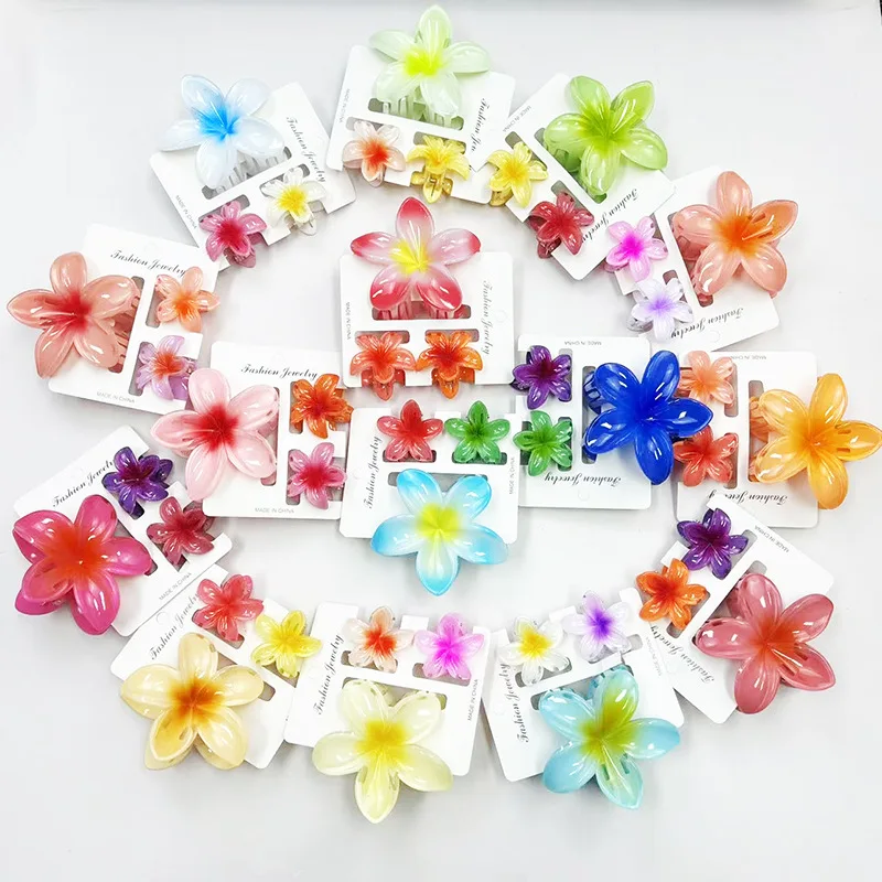 3Pcs Sweet Hawaiian Gradient Color Flower Hair Clip Claw Ponytail Clip Headwear Hairpin Crab Barrette Hair Accessories For Women