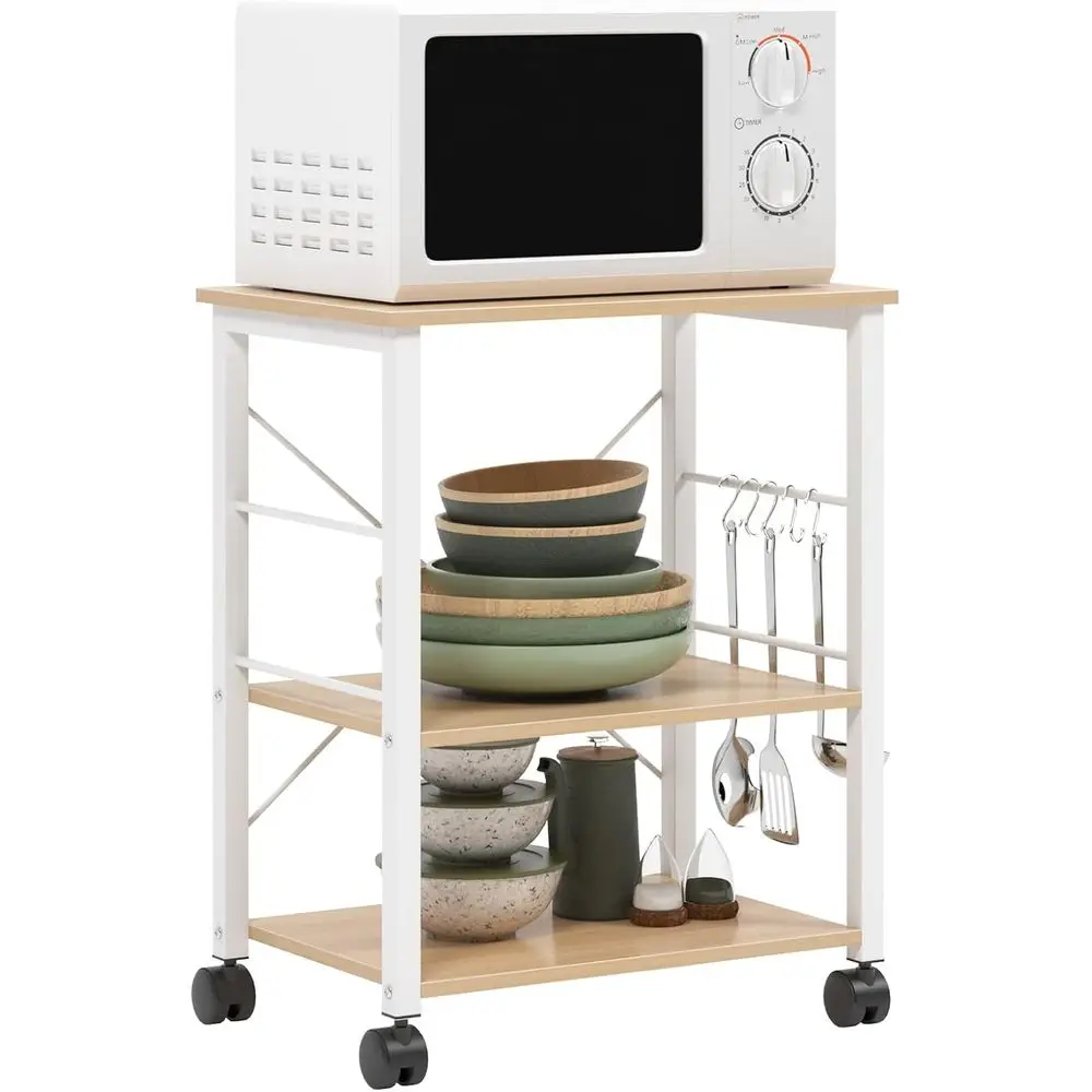 

3-Tier Maple Kitchen Utility Cart with Storage and Wheels for Microwave Oven and Workstation