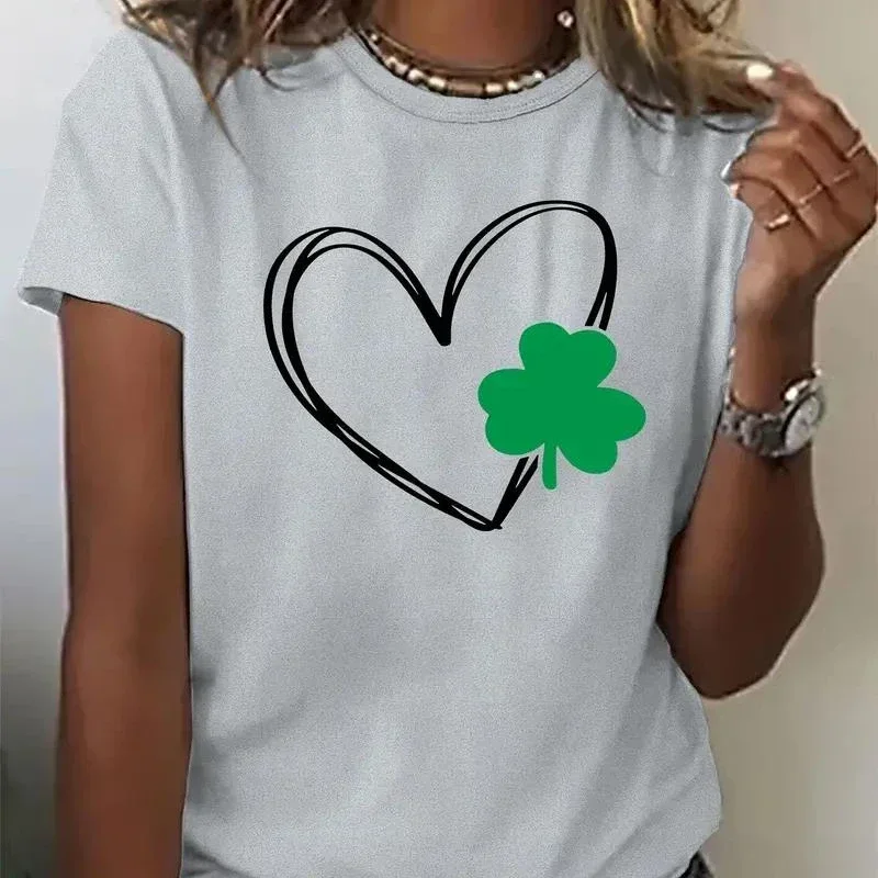 

LE Short Sleeve Crew Neck Casual Top For Summer & Spring Women's Clothing Love clover Graphic Print Cotton T-shirt