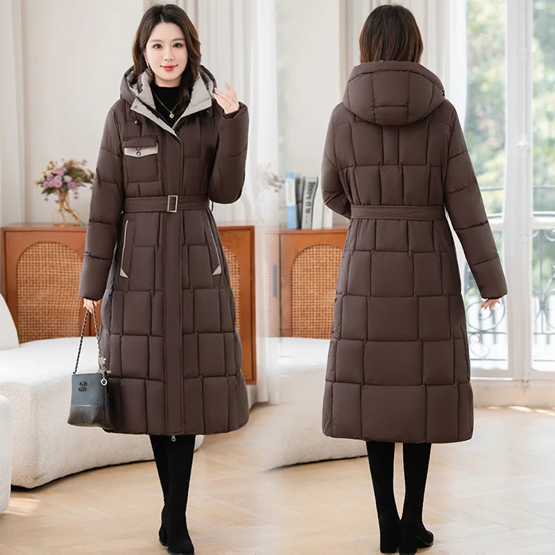 Women Parkas Knee Length Coats Hooded Zipper Jackets Y2k Streetwear Elegant Tight Waist Slim Fit Jacket Work Autumn Winter