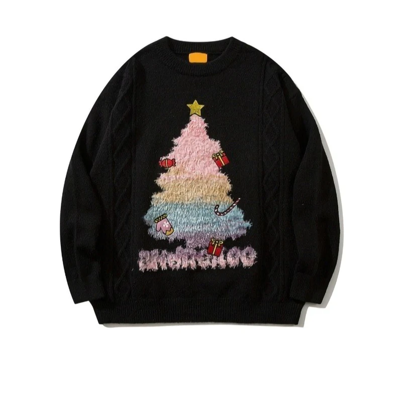 Sweter Rajutan Modis Musim Dingin Pasangan Gaya Musim Gugur Musim Dingin Tahun Baru Kasual Pohon Natal Serasi Pullover Leher Bulat Pria