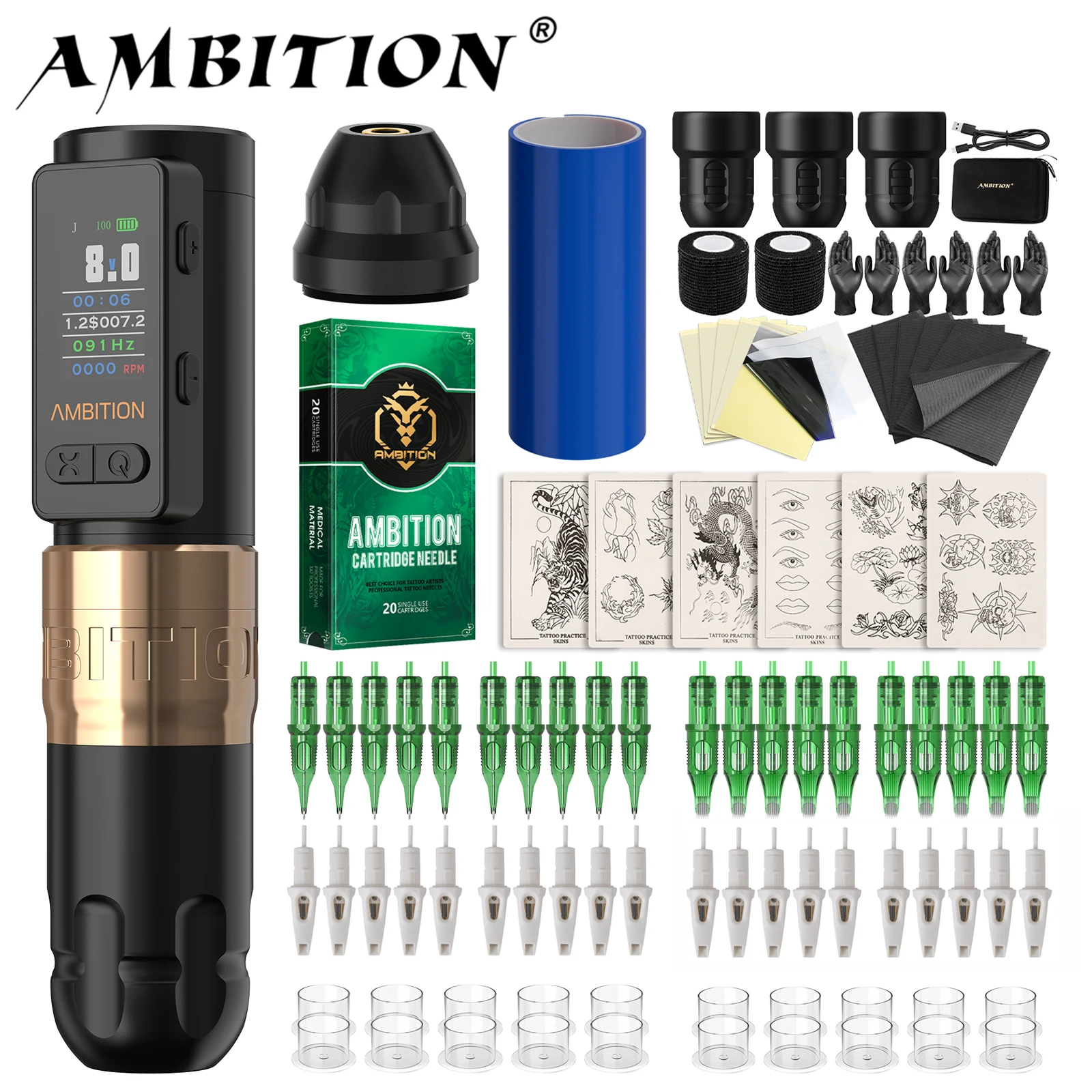 

Ambition Soldier Max Kit Coreless Motor Wireless Tattoo Machine Straight Rod Stroke 4.0mm Color Screen Billing Battery 2400mAh