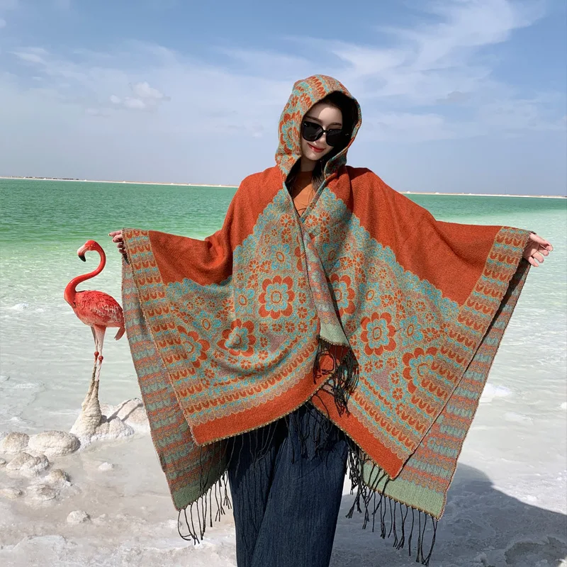Women Ethnic Bohemia Two Sided Print Imitation Cashmere Scarf Soft Warm Pashmina Shawl Autumn Winter Coldproof Windproof Wh5