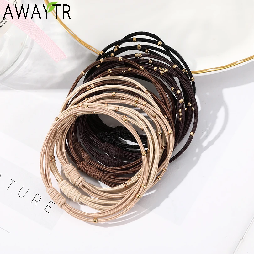 10PCS Korean Women Elastic Hair Rubber Bands Headbands Girs Golden Plated Beads Hair Scruchies Hair Tie/Holder/Gum Accessories