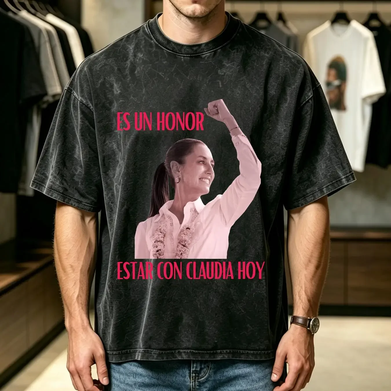 washed T Shirt Claudia Sheinbaum Mexican shirts AMLOVER President of Mexico 2024 Woman long or short sleeves vintage Washed