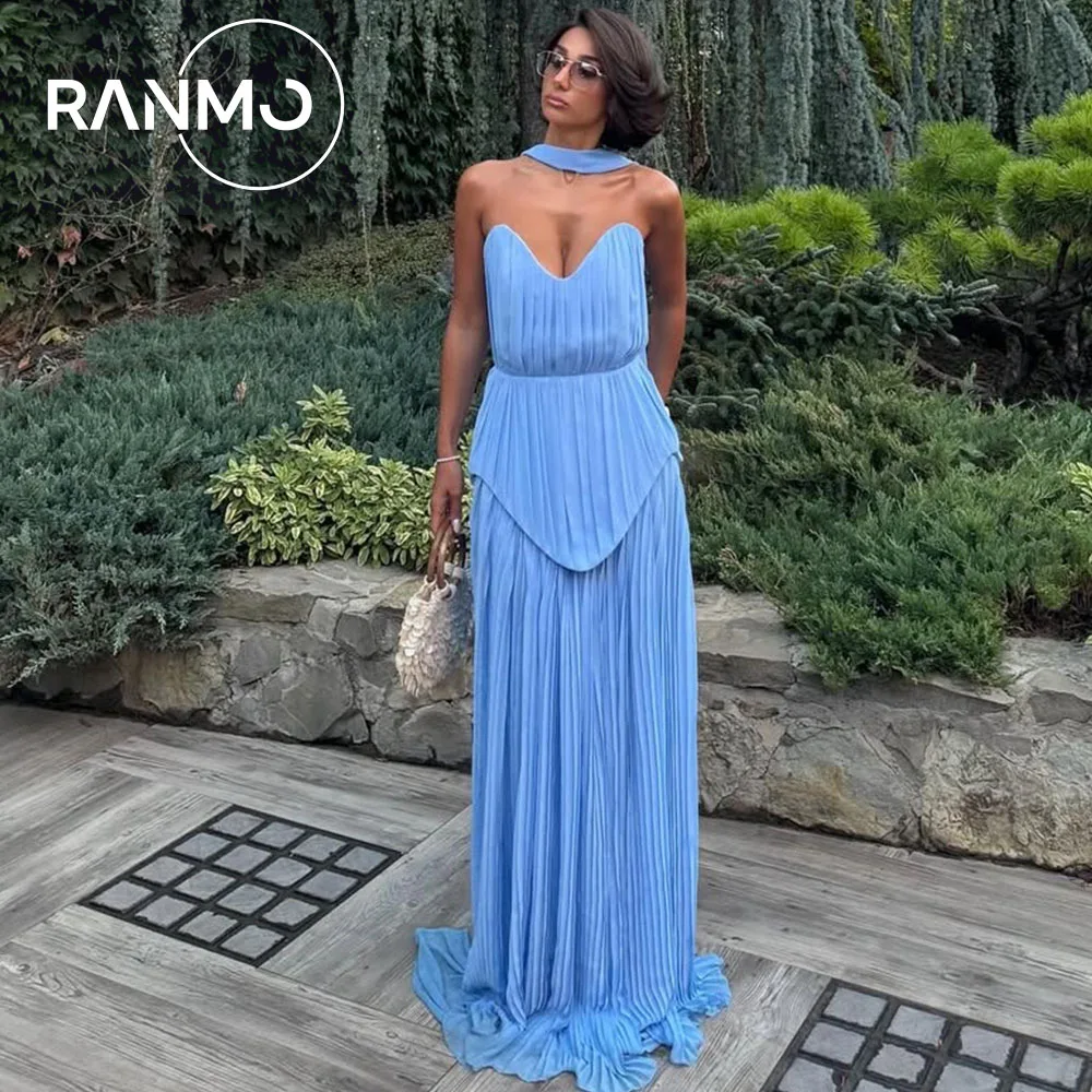 

Ranmo Customized Classic Blue Chiffon Evening Dresses Exquisite Sweetheart Mermaid Strapless Prom Dress Pleated Peplum Style