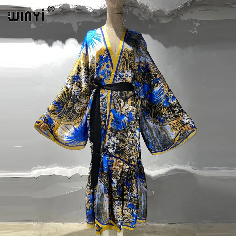 

WINYI Black Retro Fashion printing Self Belted Women Summer Clothing Kimono Dress Beach Wear Swim Suit Cover Up holiday kaftan