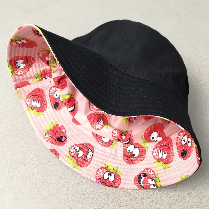 Pineapple Printed Double-Sided Bucket Hats For Women Men Lemon Cherry Fruit Summer Panama Cap Sun Fishing Bob Fisherman Hat Bone