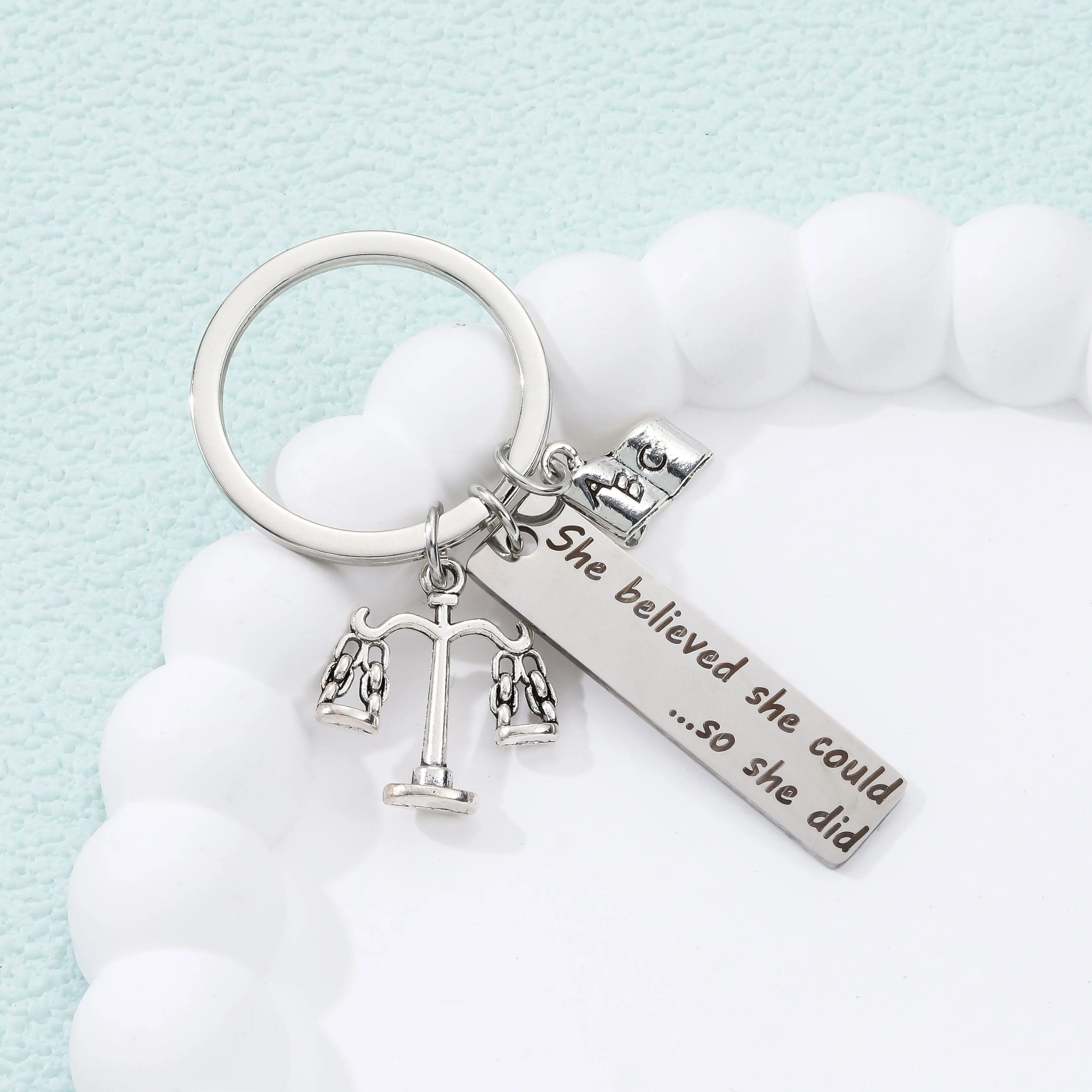 1pc Inspirational Scales of Justice ABC Book Engraved Stainless Steel Alloy Keychain Bag Charms Key Ring for Lawyer Gift