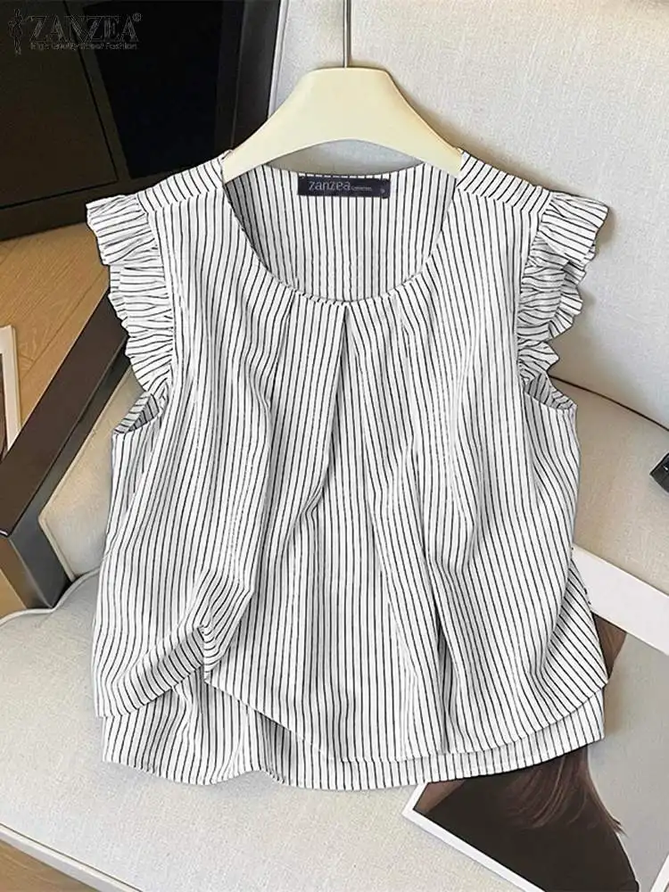 ZANZEA Casual Loose Office Vest Women Stripe Camis Korean Sweety Ruffle Sleeveless Tanks 2024 Summer Fashion Round Neck Tank Top