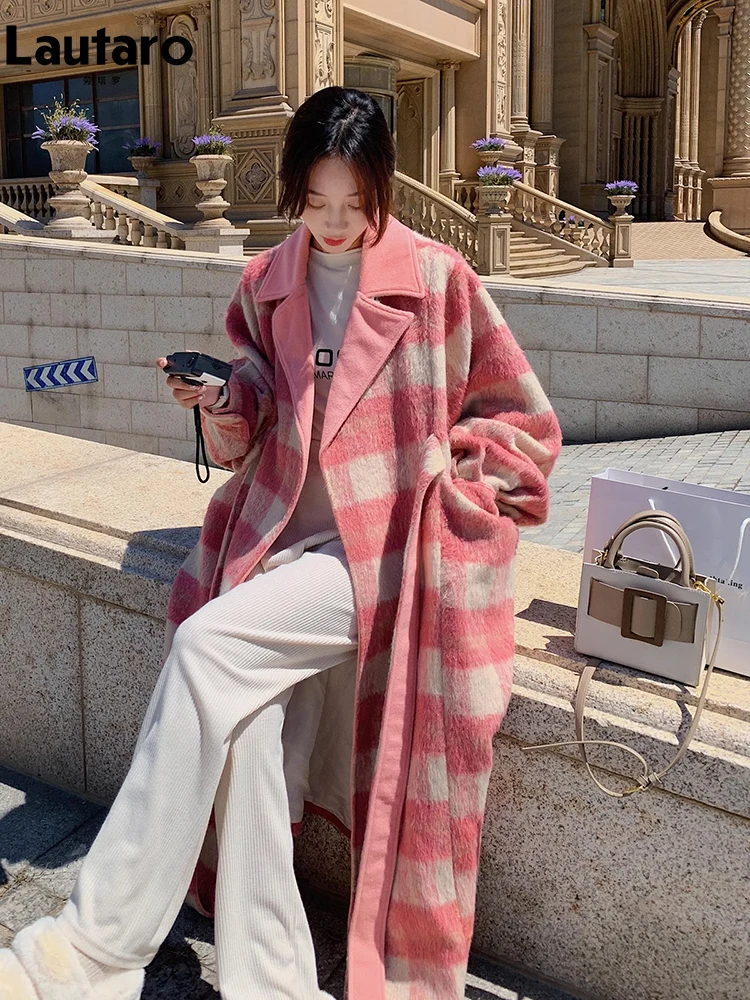 Lautaro Autumn Winter Long Loose Casual Colorful Plaid Warm Soft Woolen Coat Women Sashes Pockets Luxury Korean Fashion 2023