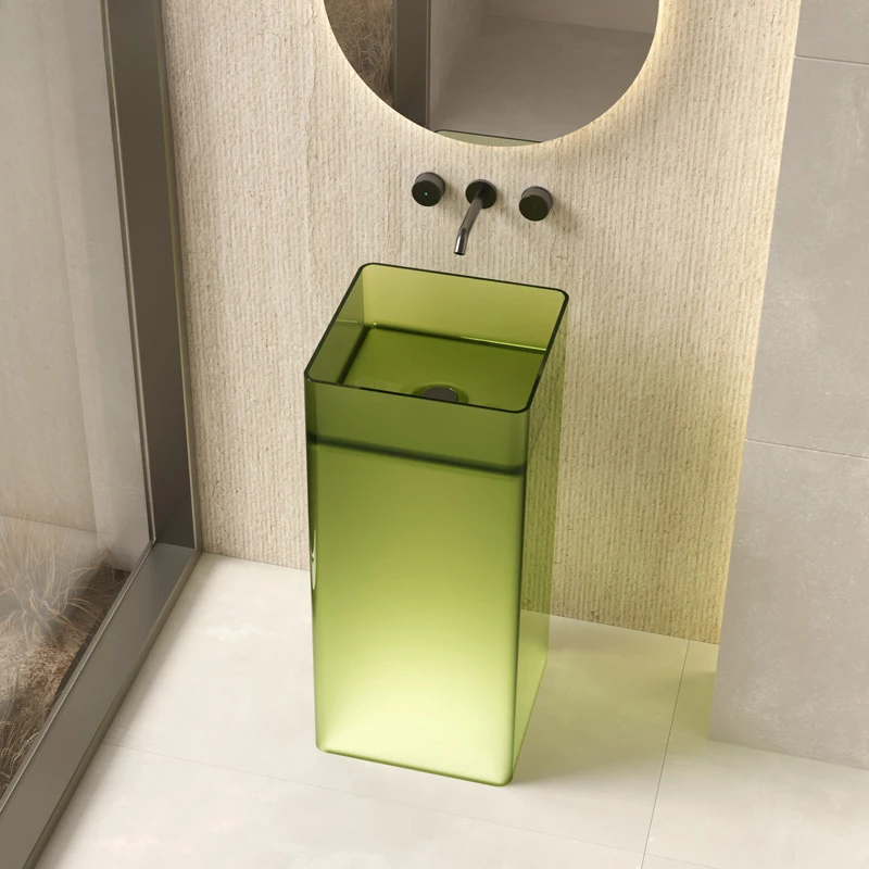 

Square transparent column type wash basin hotel bed and breakfast bathroom integrated floor resin crystal pillar basin