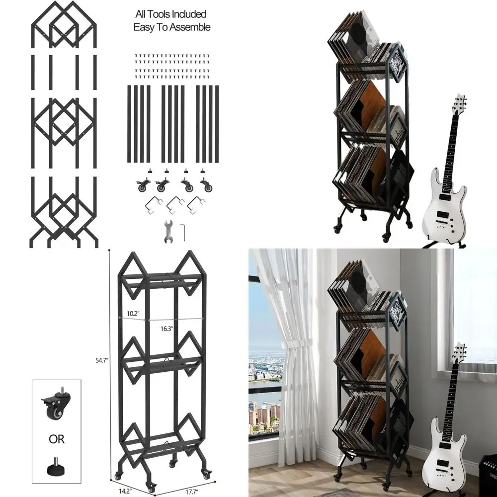 

Мобильная черная металлическая виниловая стойка для пластинок с колесиками, 3-уровневая подставка для хранения книг, альбомов, книг и офисных файлов