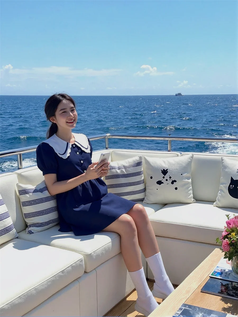 Vestidos de mujer estilo japonés Casual cuello Peter Pan suelto plisado plisado a mano volantes volantes fruncido nivel ahumado