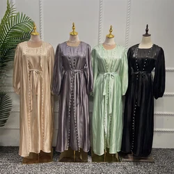 Abaya – Caftan marocain élégant pour femmes, ensemble de 2 pièces, Kimono en Satin de dubaï, Cardigan, perles, manches longues, vêtements d'extérieur