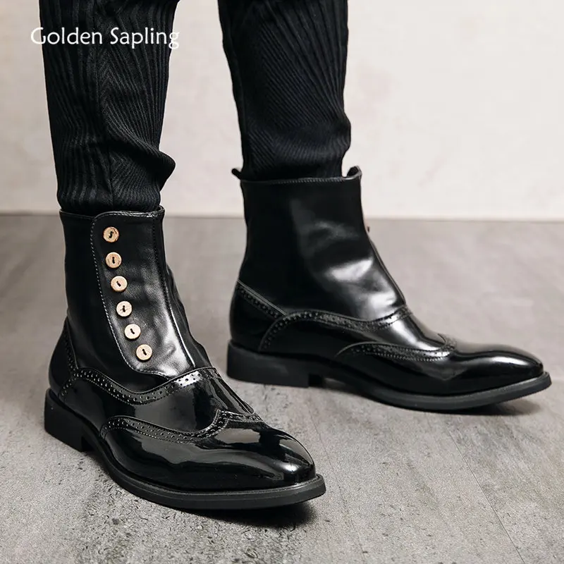 Golden Sapling Casual Men's Boots Leather Brogue Shoes Button Design Chelsea Boot Fashion Party Footwear Elegant Wedding Shoe