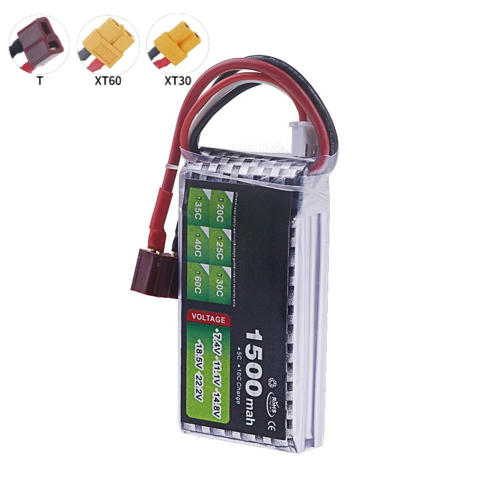 7.4V 1500mAh 30C High Rate Polymer Lithium Battery for Model Airplane Drone Rechargeable Batteries XT60 XT30 T Plug