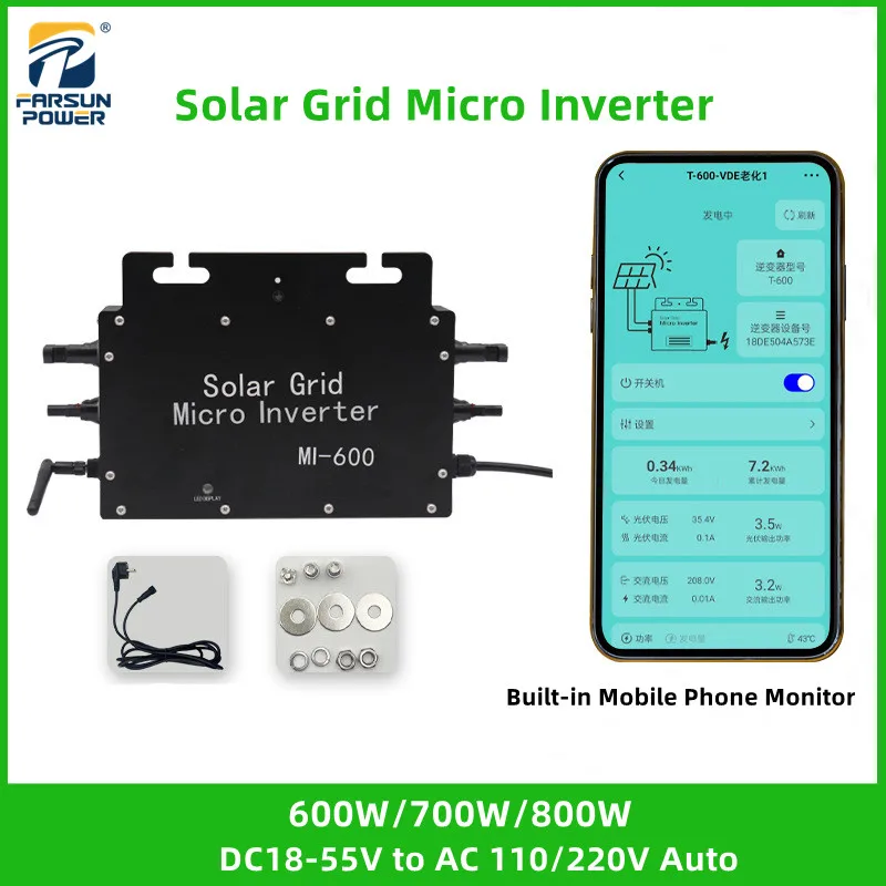 Solar Inverter Mini With WiFi Monitoring IP65 Waterproof DC 18V-55V To AC 110V-230V Auto 50/60HZ PV MicroInverter 600W 700W 800W