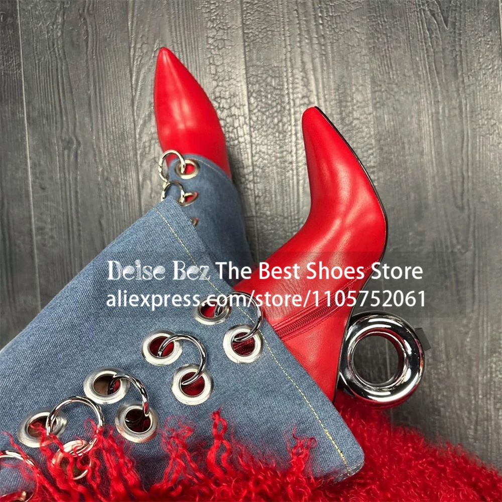 Novelty Designer Style Booties Metallic Silver Ring Heel Ankle Boots Pointed Toe Side Zip Women Booties Customized Multicolor