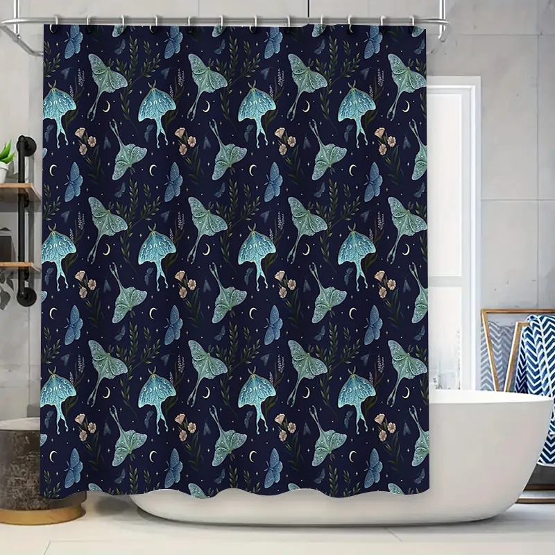 

Moth Shower Curtain Nature Forest Blue Teal Botanical Dark Academia Home Decor Washable Bathroom Curtains Vintage Aesthetic